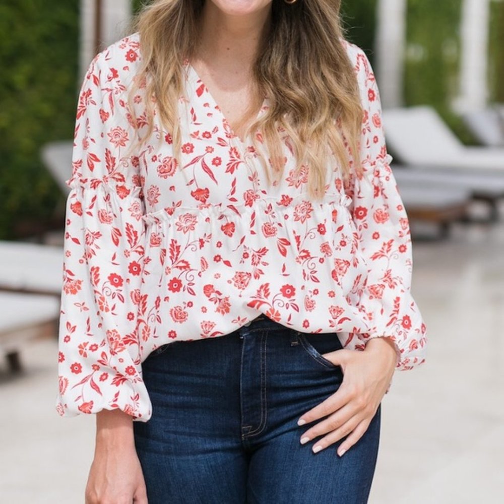 S -The Drop Women's Ivory Floral Print V-Neck Balloon-Sleeve Top by @graceatwood